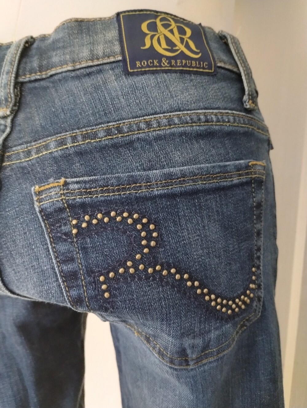 Rock & Republic Blue Denim Bootcut Jeans with Gold Stud Detail